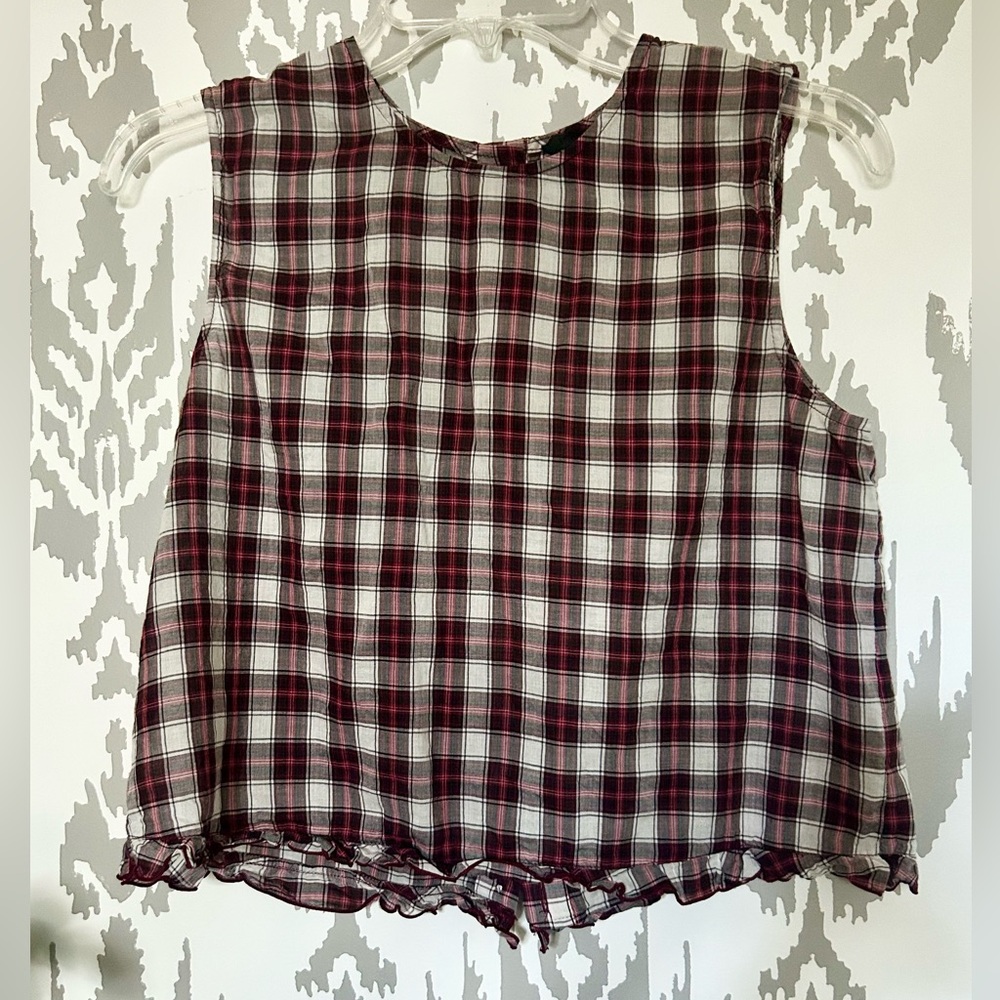 JENNI KAYNE Preppy Plaid Button Back Ruffle Edge Sleeveless Top S Small